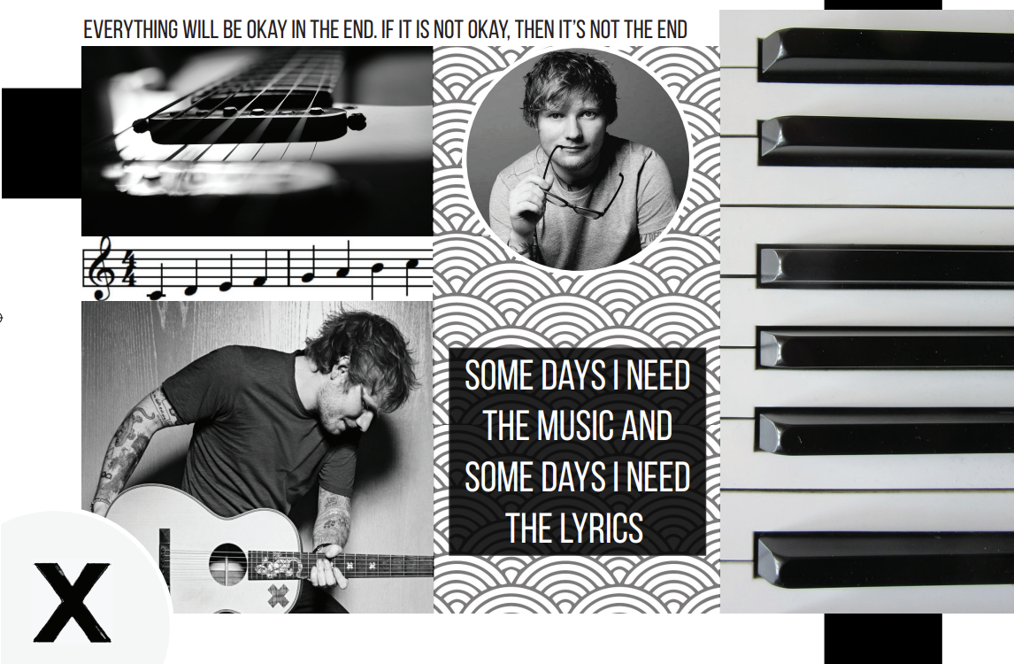 Slika prikazuje Ed Sheerana v grafiki in zraven je napisan quote. Na sliki so vidne še druge fotografije klavirja, notni zapis in kitara. 
