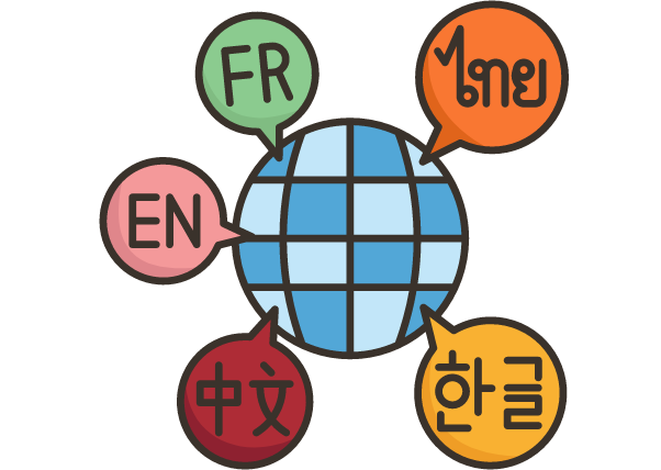 Na sliki je grafika - globus, okoli njega pa oblački, v katerih so besede v različnih jezikih.