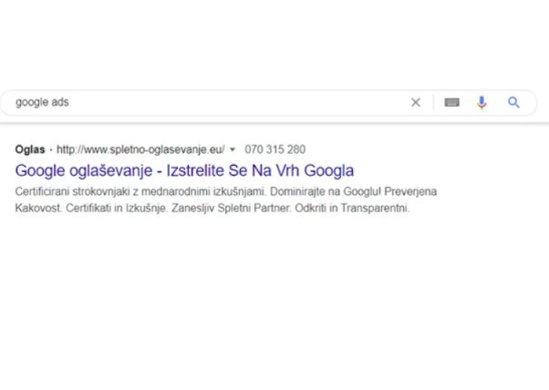 Google spletno oglaševanje - prikaz zadetka v iskalniku. 